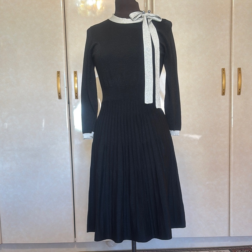 Nanette Lepore Black Long Sleeve Knit Dress with Silver Bow